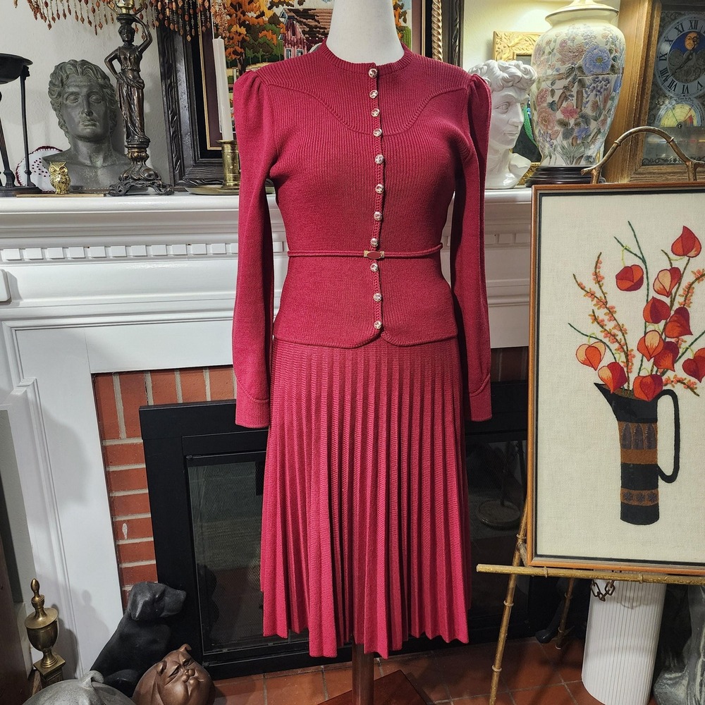 M Deep Red Three Piece Vintage 60s Top, Skirt and Belt by St John by Marie Gray